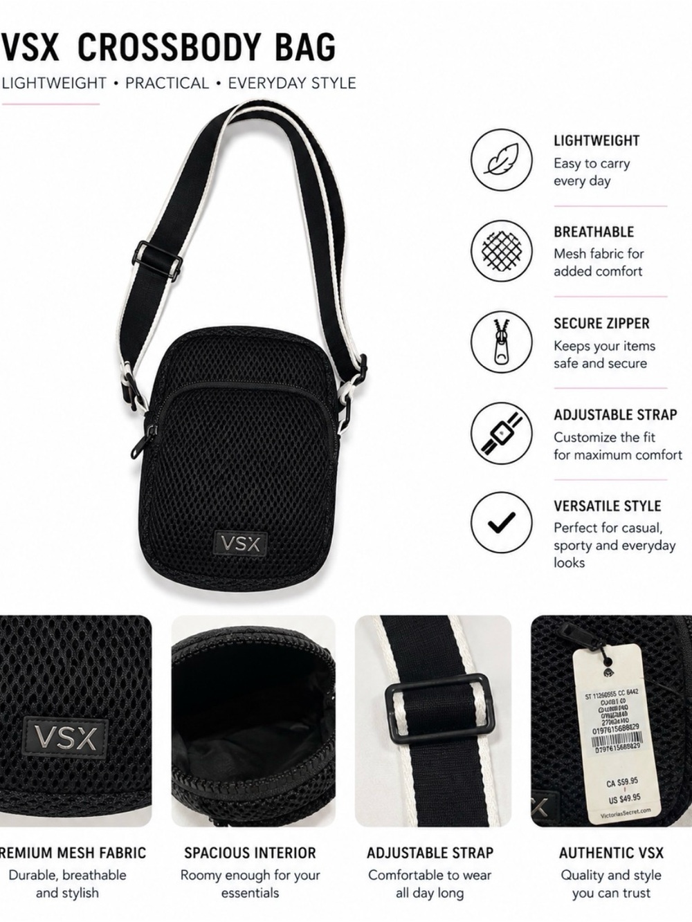 VSX Black Mesh Crossbody Belt Bag with White-Trim Strap